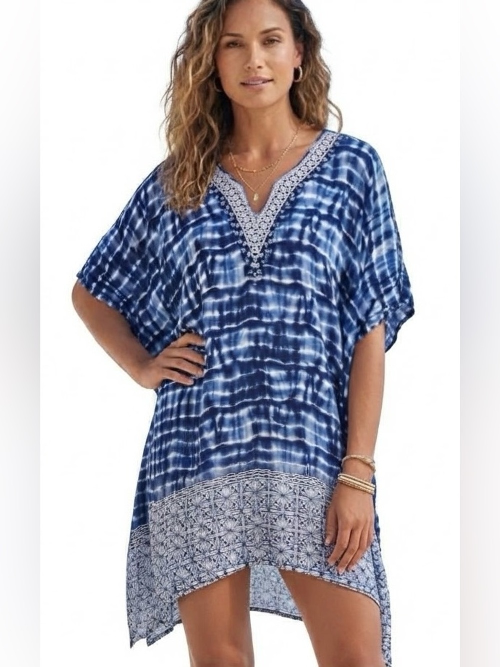 Boho Indigo MOSS ROSE Tie-Dye V-Neck Tunic Top